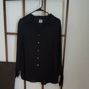 Anne Klein Black Long-Sleeve Button-Up Blouse